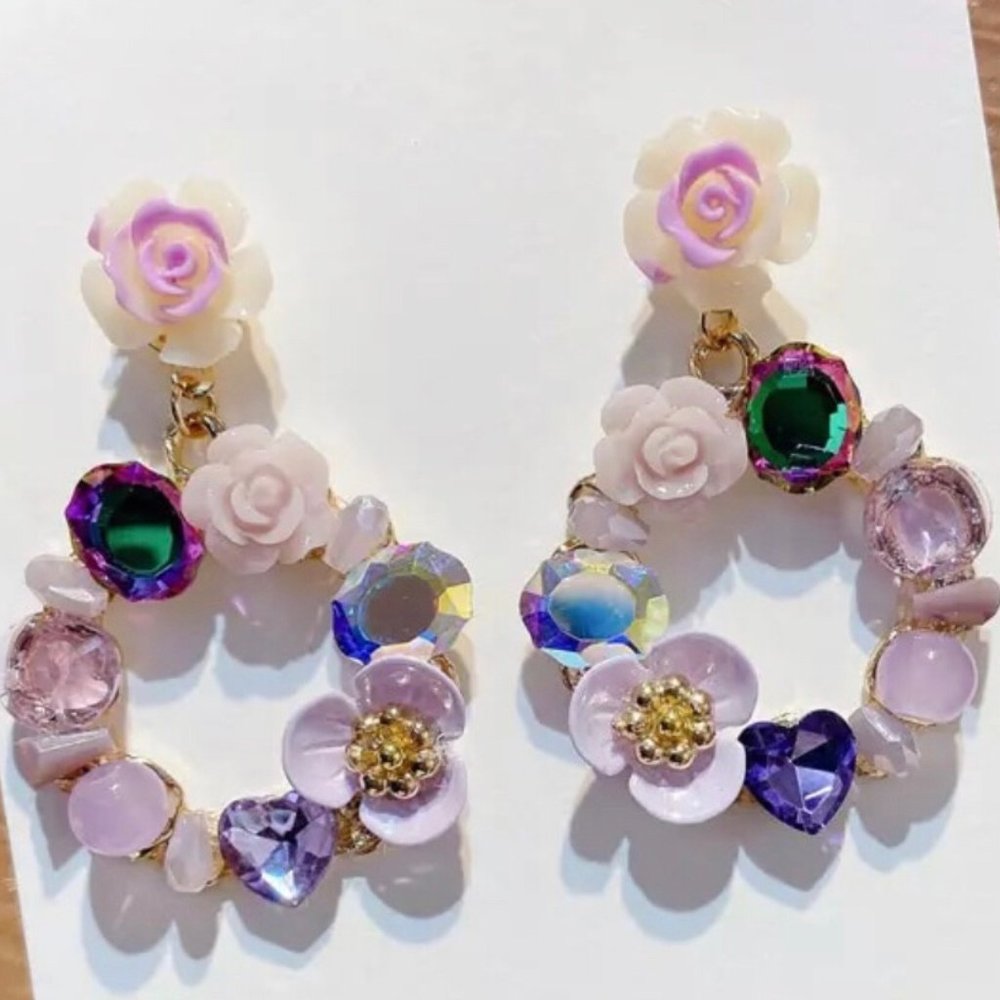 Rose Multi Rhinestone Hoop Earrings - Picture 4 of 7